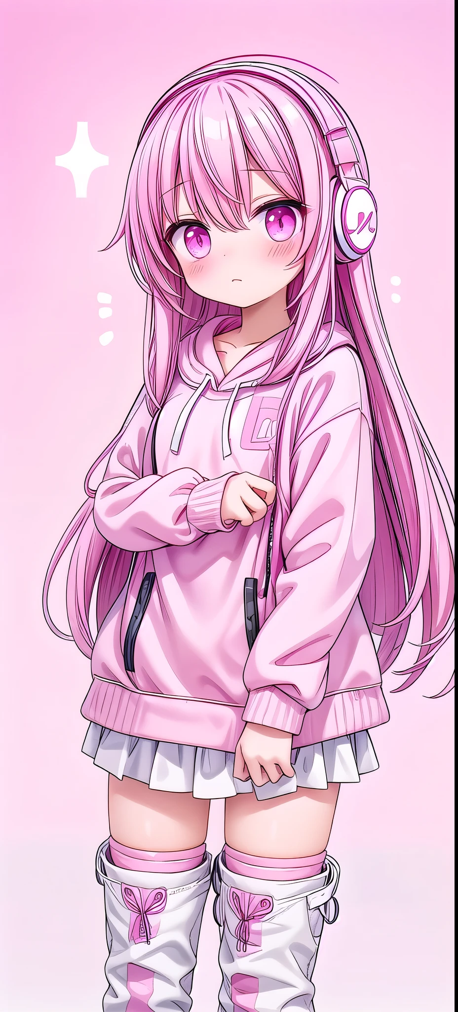Pink long hair,Pink and white sweatshirt,pink eyes,Black headphones,White boots,Blushing shy,Leg clamping,