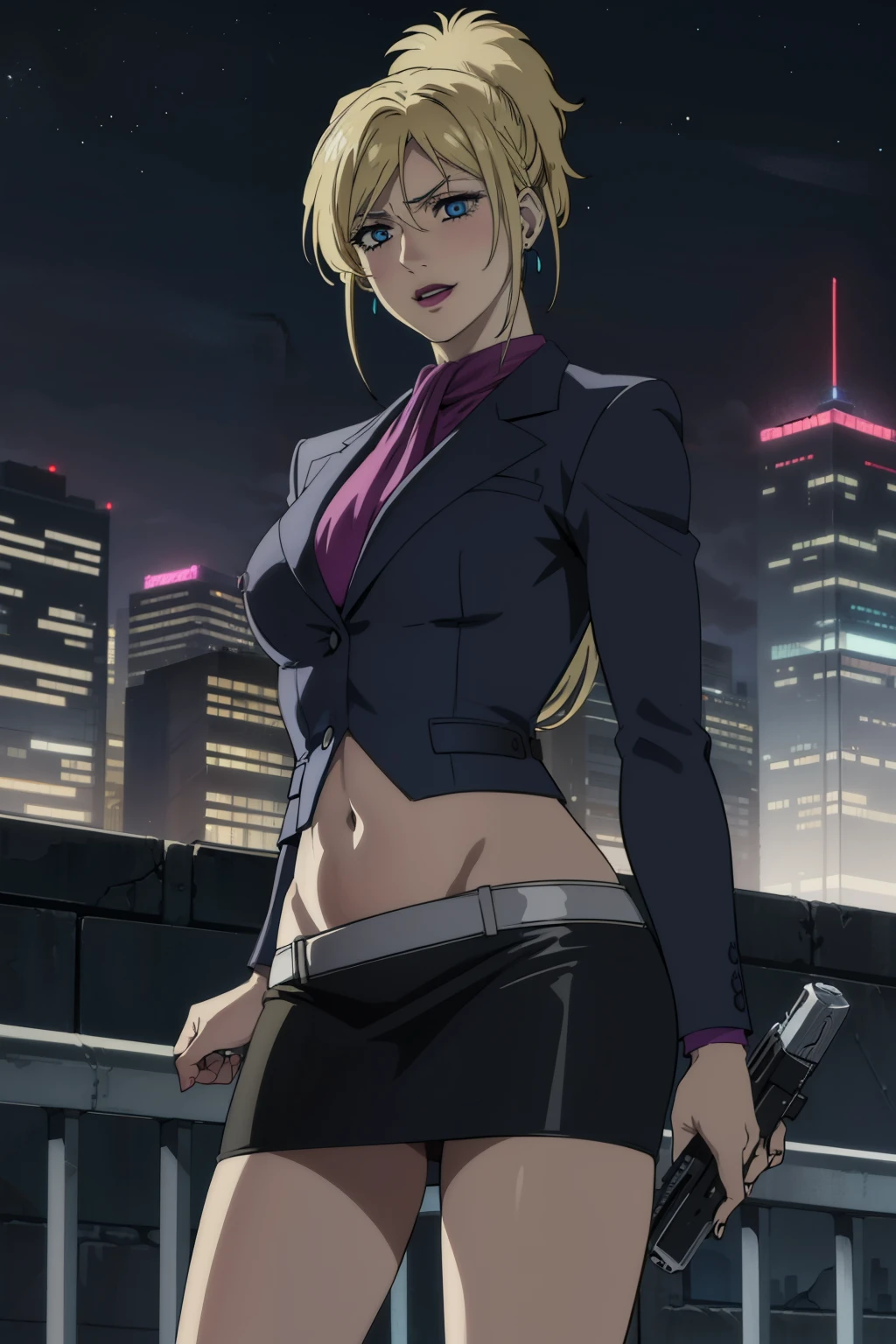 wolfsraincher, cher, long hair, blue eyes, blonde hair,
earrings, lipstick, makeup,
outdoors, rooftop, cityscape, building, railing, night, night sky, scenery, moon, city lights, blush, lipstick, large breast, masterpiece, best quality, highly detailed, a girls with a gun, open mouth, blazer, sexy gaze, (nsfw) not
safe for work, badass pose , evil smile, smile, black bra, anime girl with long hair, long haired girl,
navel, evil expression, exposed belly, exposed navel, exposed midriff, exposed lower belly, micro
miniskirt, micro pencil skirt, pencil skirt ,holding a gun, outdoor,street,road