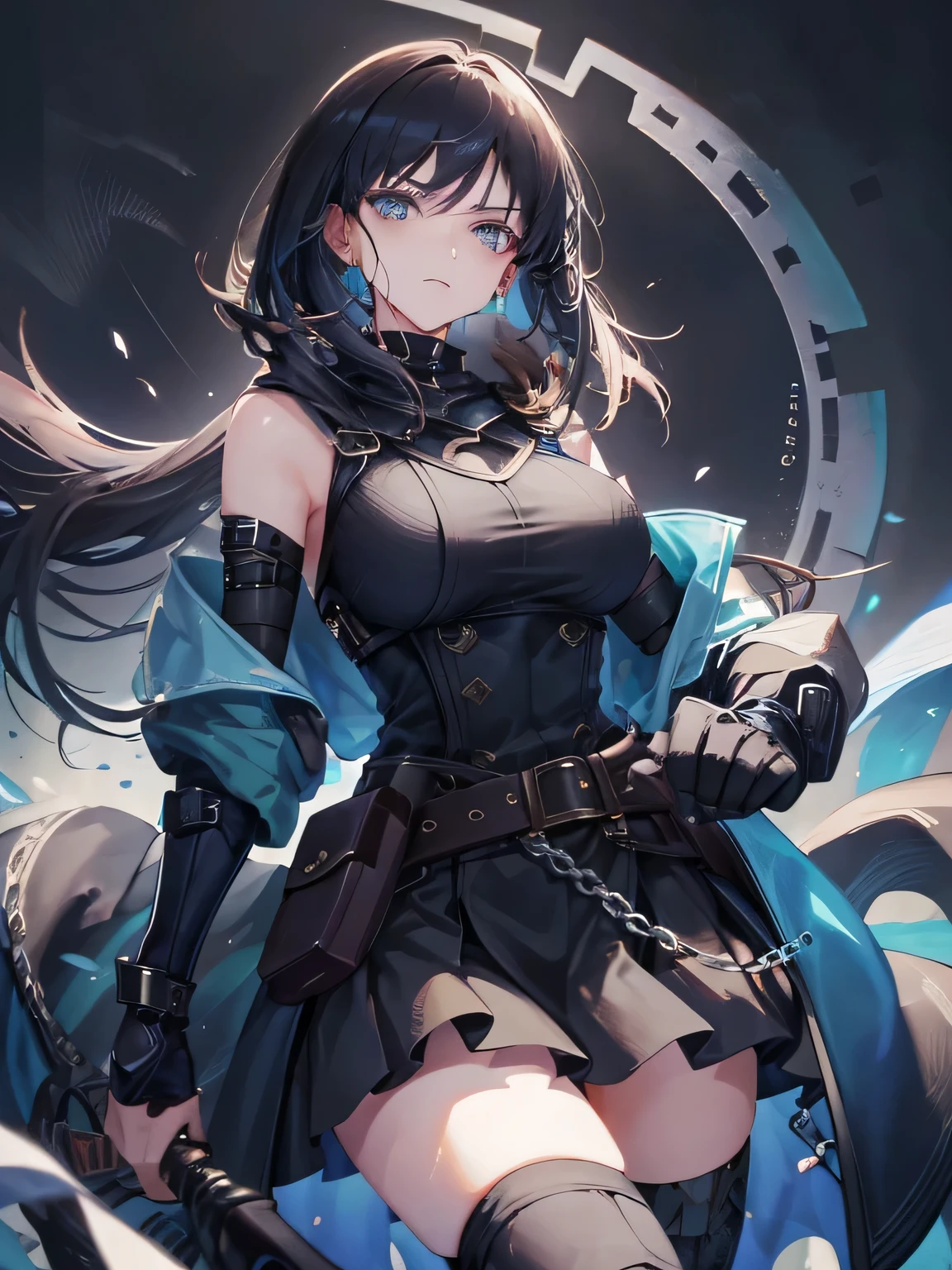 1female, female in her 30s, black fingerless gloves, long separate voile sleeves, big breasts, long over-the-knee black boots with blue elements, knee-length skirt, sleeveless shirt, belt, several chains, short coat to the waist, long hair, staff, blue elements on her clothes. cold blue and black colours. dynamic pose. character poster style. water magic. fighting, blood on her face