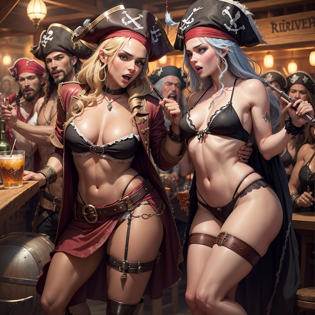A lusty pirate is carousing with other ruffians, scantily clad trollops sing along in the drunken revelry. pirate bar