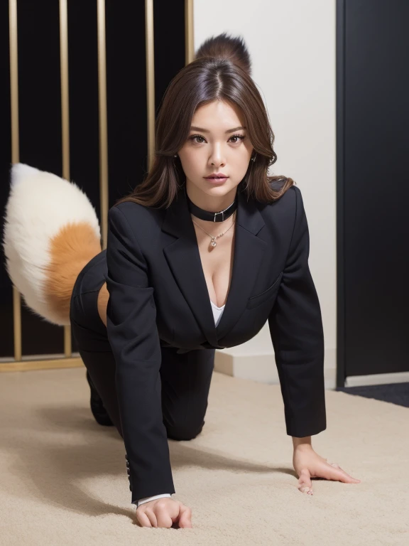 ((highest quality, 32k)), ((masterpiece)), (Familiar), Perfect Face, vixen, Pretty girl, Company Office, Has a tail, She has a northern fox tail., She stands up her fluffy tail, Dog collar, Beautiful hip line, Big Breasts, She wears a business suit, A big tail sticks out, Troubled face, Climb on all fours, Nice body