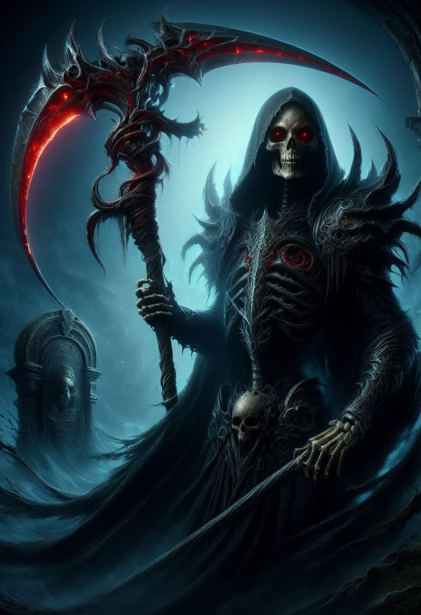 (best quality,4k,8k,highres,masterpiece:1.2),ultra-detailed,(realistic,photorealistic,photo-realistic:1.37),Black Grim Reaper,dark silhouette,cloaked figure,rustling black robes,long scythe,glowing red eyes,ominous presence,hovering darkness,dark ethereal figure,nightmarish specter,sinister aura,harbinger of death,eerie atmosphere,mysterious entity,shadows enveloping,haunting visage,menacing expression,skull-like face,otherworldly being,terrifying figure,reaping souls,glimpse of the afterlife,dreadful embodiment,ominous rituals,desolate cemetery,grim and somber,ominous moonlit night,darkened sky,thick fog,ominous whispers,lurking in shadows,eternal darkness,bone-chilling encounter,death's cold grip,intense and brooding,ominous catalyst,ominous cloak of despair,evil personified,intertwined with shadows,impending doom,abyssal realm,shivering in fear,eternal slumber. DonM5cy7h3XL, scythe, Scythe