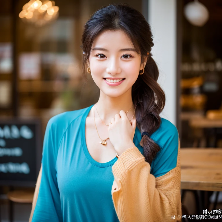 UHD, Close-up photo of a cute Korean woman, Looking straight ahead, sexy little smile,) Chest size 34 inches, ponytail, He was wearing a tight, dark blue t-shirt.,) There was a beautiful colored macaw on his shoulder.,)necklace, Making coffee in a coffee shop 8k photo, Shot with a high quality Fuji 45 camera.,000,000 pixels warm light,) realistic light colors,)