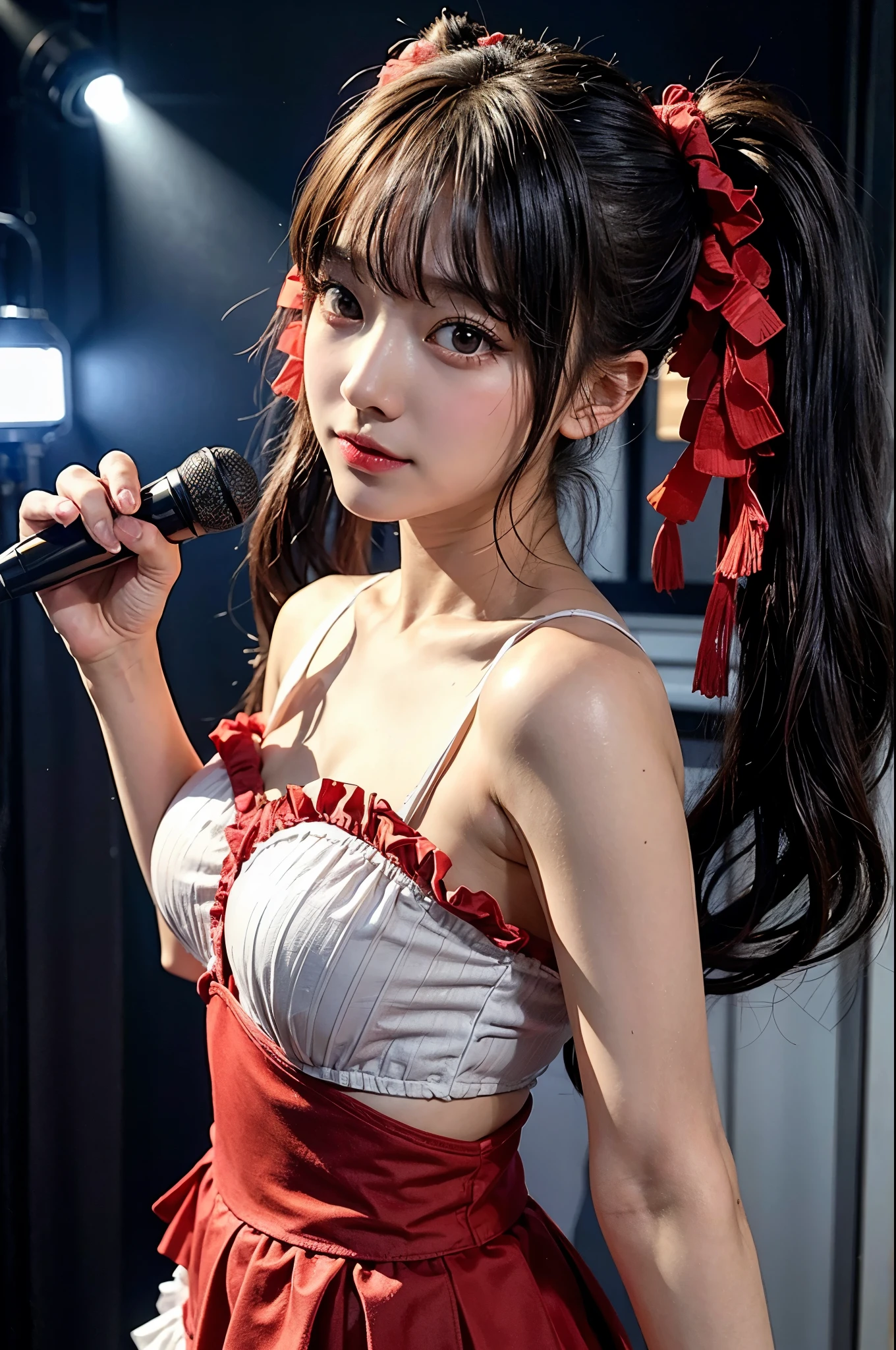 Top quality: 1.4, high resolution, perfect lighting, one woman, bangs, twin tails, double eyelids, Japanese idol costume, red frilly costume, live performance, various color lighting