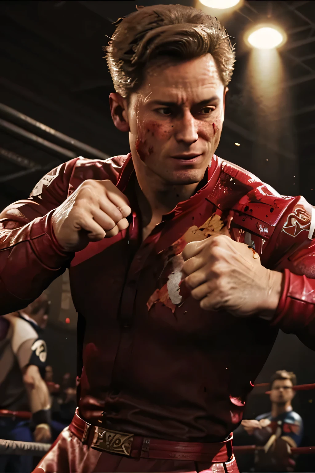 (Johnny Cage), cocky smirk, fighting, fists, Mortal Kombat, Character Design, dynamic lighting, cool and bright colors, red suit, trouser, upper body shot, blood