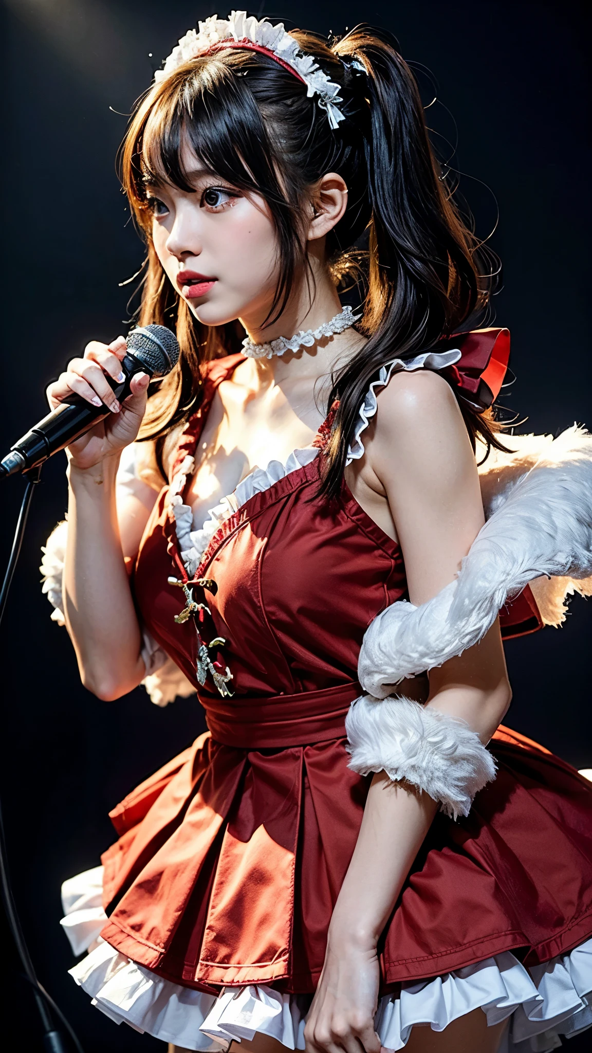 Top quality: 1.4, high resolution, perfect lighting, one woman, bangs, twin tails, double eyelids, Japanese idol costume, red frilly costume, live performance, microphone, various color lighting