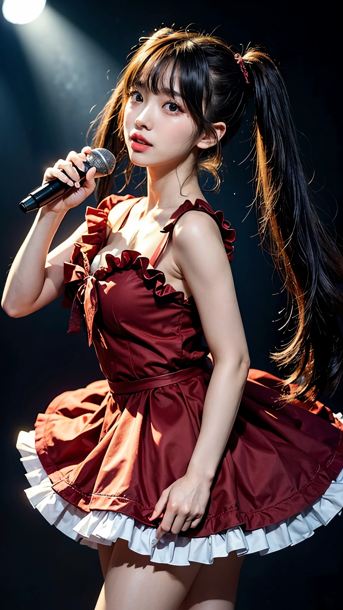 Top quality: 1.4, high resolution, perfect lighting, one woman, bangs, twin tails, double eyelids, Japanese idol costume, red frilly costume, live performance, microphone, various color lighting