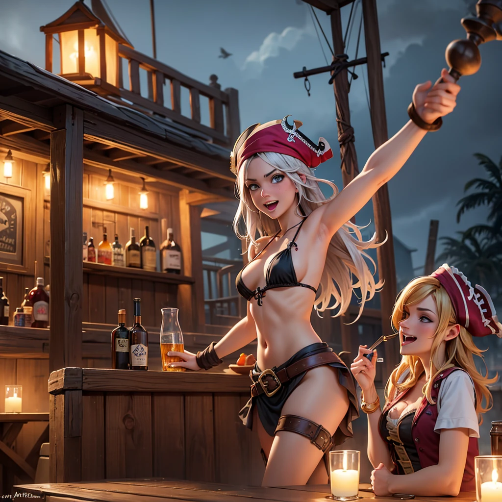 (a lusty pirate),(best quality),(realistic),(pirate bar),scantily clad trollops,singing and dancing,drunken revelry,ruffians laughing,rum bottles clinking,music playing,misty haze,wooden plank floor,dimly lit,pirate flags waving,strong sea breeze,moonlit night,worn-out furniture,smoky atmosphere,tavern noises echo,adventurous atmosphere