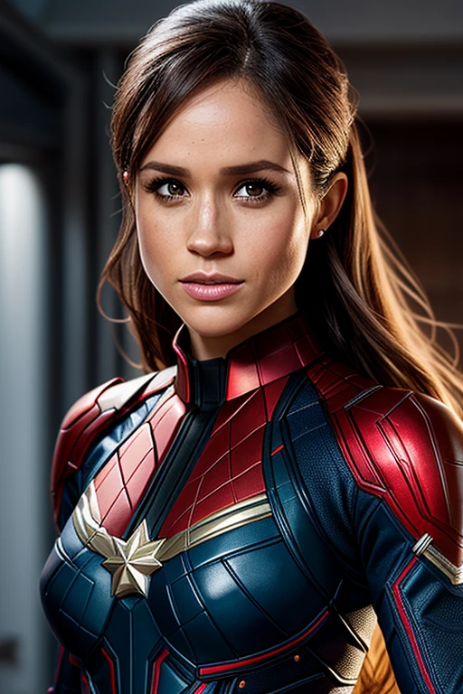 Meghan Markle, wearing Captain Marvel costume sexy clothes transparent. professionally retouched, soft lighting, realistic, smooth face, perfect eyes, sharp focus on eyes, 8 k, high definition, insanely detailed, intricate, elegant. in a natural background.