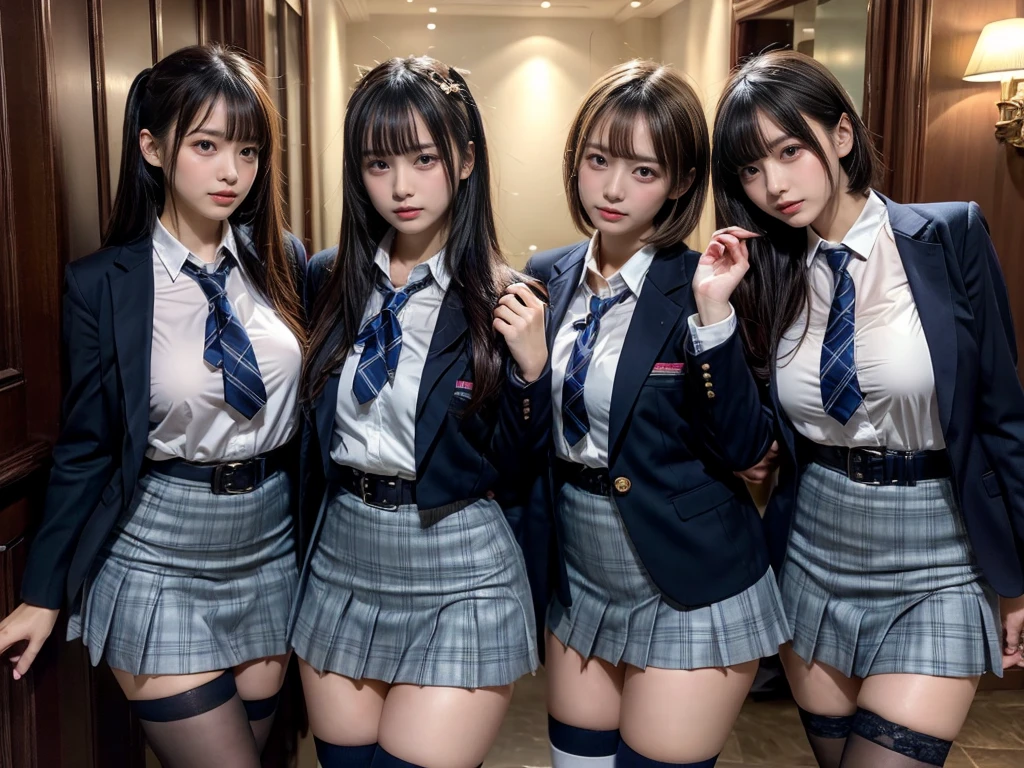 muster piece, best quality, illustration, Super detailed, fine details, High resolution, 8K,wall paper, perfect dynamic composition,(Details High quality, realistic depiction of eyes:1.3), ((3 girls, 3 schoolgirls)), The background is a luxury hotel room、High school girl uniform、blazer 、Super Short Check Uniform Skirt、Navy blue high socks、garterbelts、Colossal tits、Disturbed uniform, Play with each other,Touching each other's bodies,Touching the body of the girl next door, short bob hair, black hair color, huge breasts, Big Natural Color Lip, bold sexy pose, (perfect body shape), crying a little、cold gaze,  Harajuku style、20 year old girl、 beautiful legs, hposing Gravure Idol, Voluptuous thighs