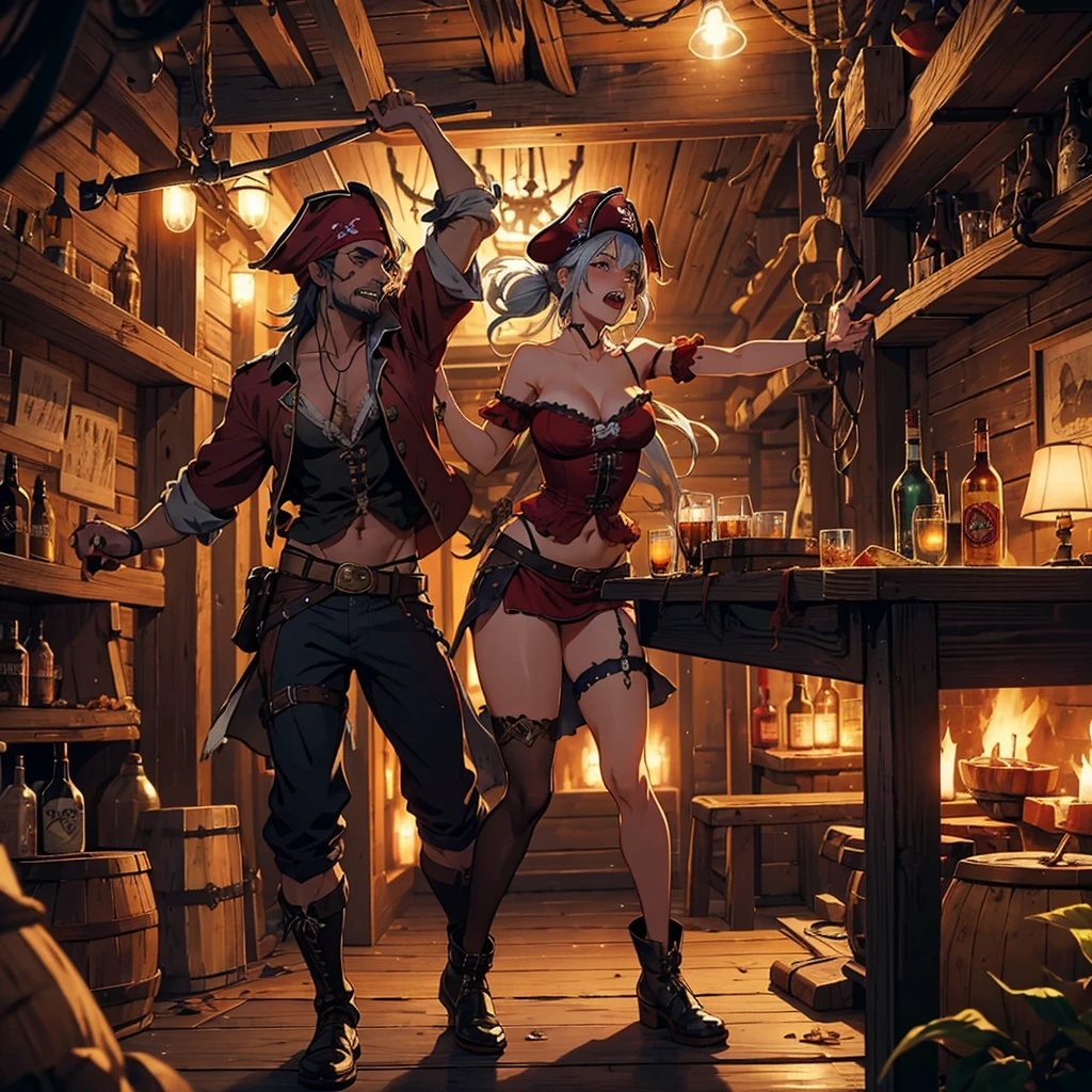 (a lusty pirate),(best quality),(realistic),(pirate bar),scantily clad trollops,singing and dancing,drunken revelry,ruffians laughing,rum bottles clinking,music playing,misty haze,wooden plank floor,dimly lit,pirate flags waving,strong sea breeze,moonlit night,worn-out furniture,smoky atmosphere,tavern noises echo,adventurous atmosphere
