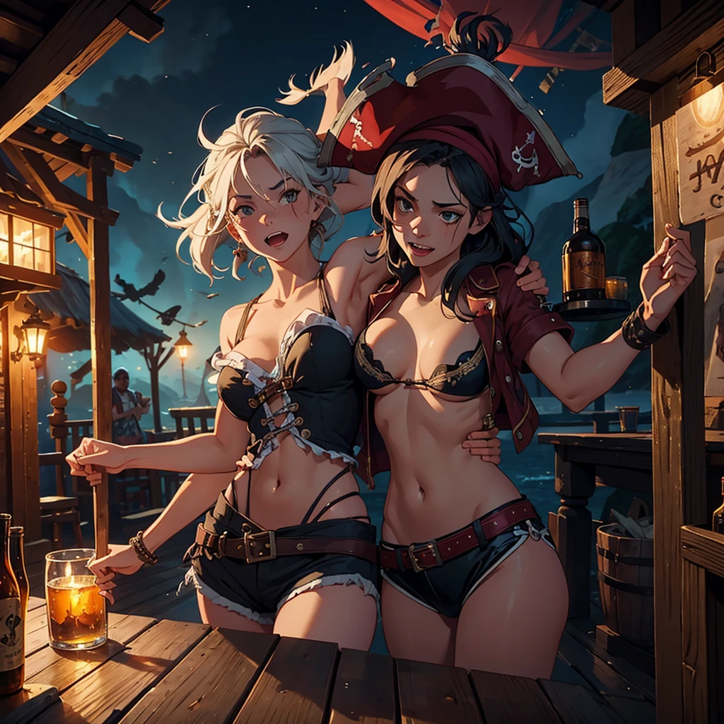 (a lusty pirate),(best quality),(realistic),(pirate bar),scantily clad trollops,singing and dancing,drunken revelry,ruffians laughing,rum bottles clinking,music playing,misty haze,wooden plank floor,dimly lit,pirate flags waving,strong sea breeze,moonlit night,worn-out furniture,smoky atmosphere,tavern noises echo,adventurous atmosphere
