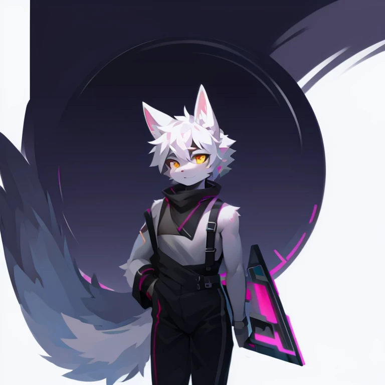 cyber punk perssonage,epcot,Tech style,solo person,White body,White ears,White hair,Overall white,Orange-yellow eyes,Wolf tail,Wolf orcs,Young,Wear a short-sleeved shirt,Ultra-clear screen,Soft lines