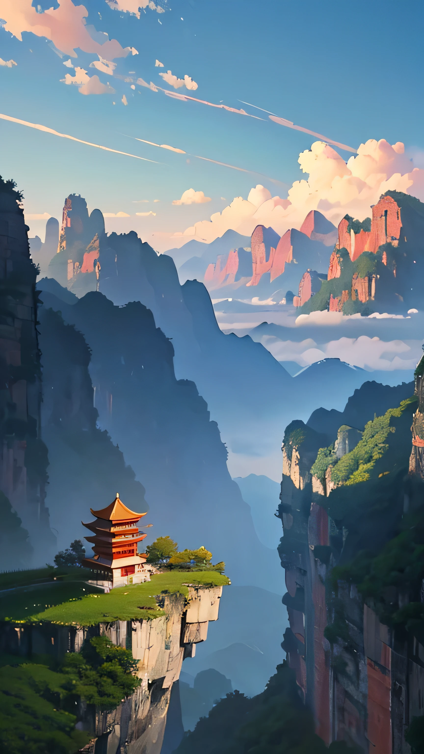 mountains with a small red building on top of them, by Cheng Jiasui, chinese landscape, by Yuan Jiang, an amazing landscape image, zhangjiajie in early morning, by Liu Haisu, by Raymond Han, breathtaking mountains, by Xia Yong, floating mountains, incredibly beautiful, by Ren Xiong, zhangjiajie national forest park