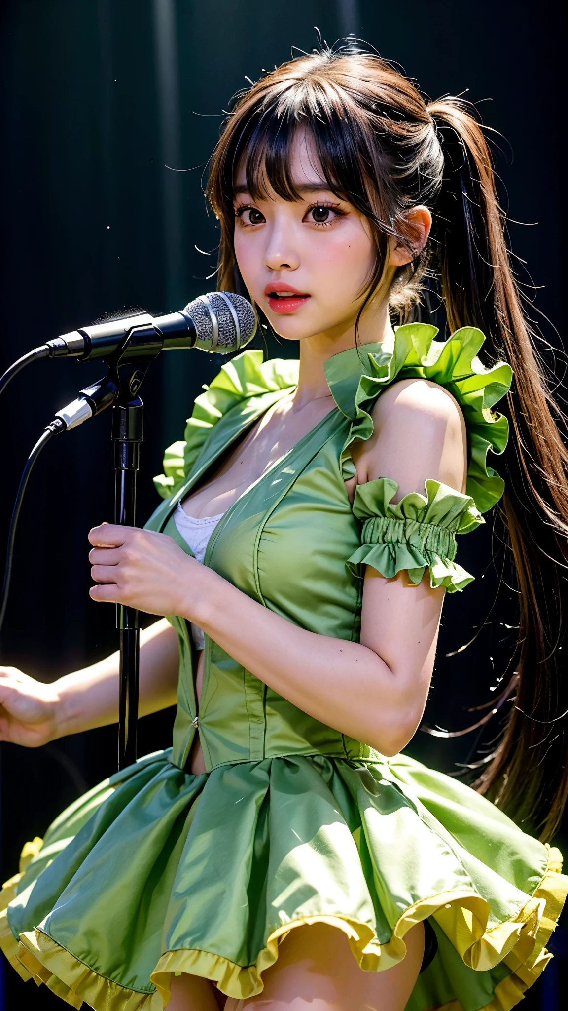 Best quality: 1.4, high resolution, perfect lighting, one woman, bangs, twin tails, double eyelids, Japanese idol costume, green frilly costume, live performance, microphone, various color lighting