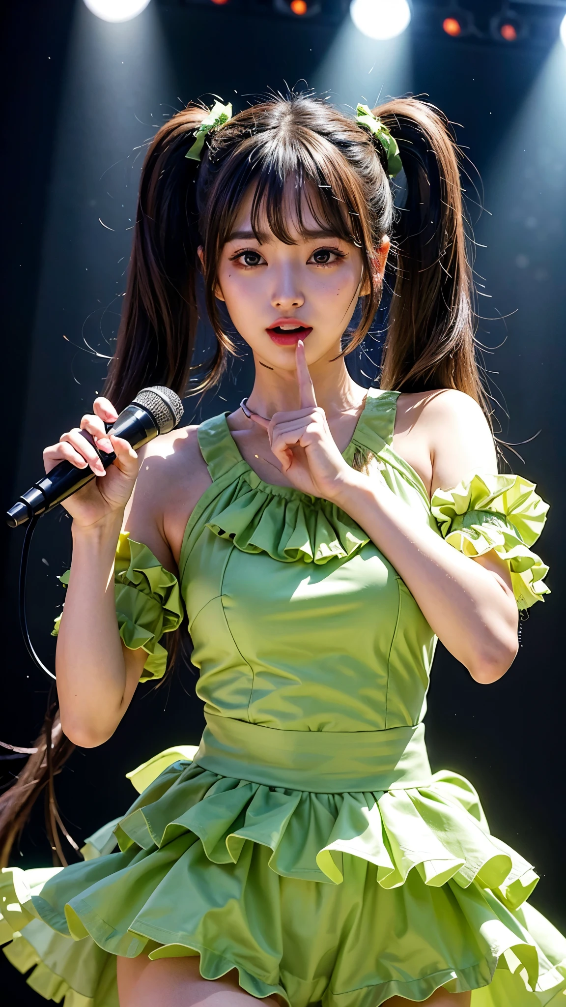 Best quality: 1.4, high resolution, perfect lighting, one woman, bangs, twin tails, double eyelids, Japanese idol costume, green frilly costume, live performance, microphone, various color lighting