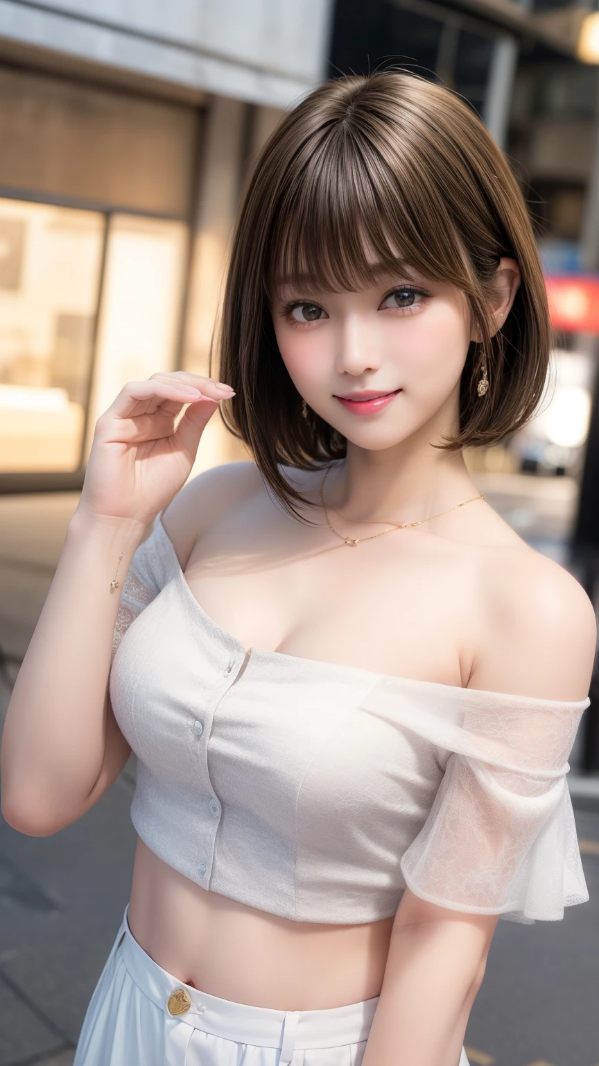 highest quality、Natural Lip、Fair skin、Great light、Beautiful lighting、((Straight hair))、((Short Hair:1.4))、((Black Hair))、Blunt bangs、Off the shoulder、Cleavage、White crop top、mini skirt、Gorgeous Accessories、Harajuku、smile、かわいいsmile、Crowds in the city