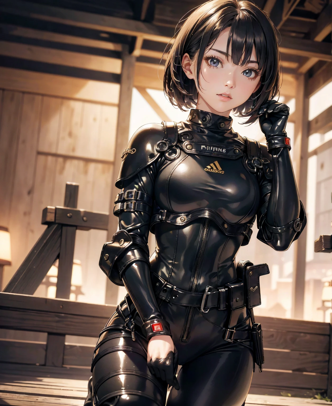 (best quality,4k,8k,highres,masterpiece:1.2),ultra-detailed,(realistic,photorealistic,photo-realistic:1.37), Japanese female fighter with slim physique and small face, cute, 1 girl, 18 years old, kneeling pose, black super short hair, glossy black tight combat suit with enamel finish, tight suit, gloves, steel city background, night lighting