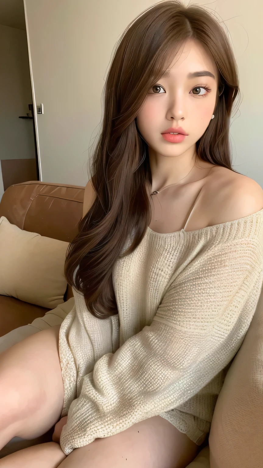 ((highest quality, 8k, masterpiece: 1.3)), 1 female, Japanese Idols,Sensual beauty: 1.3, (Hairstyle Brown Hair Short Bob, big: 1.2), Casual nightwear: 1.1, Very friendly face, Delicate eyes, double eyelid, Mole, Thick eyebrows,Sit on the sofa,Plump body,Crossing his fat legs,Luxurious Belly Meat,