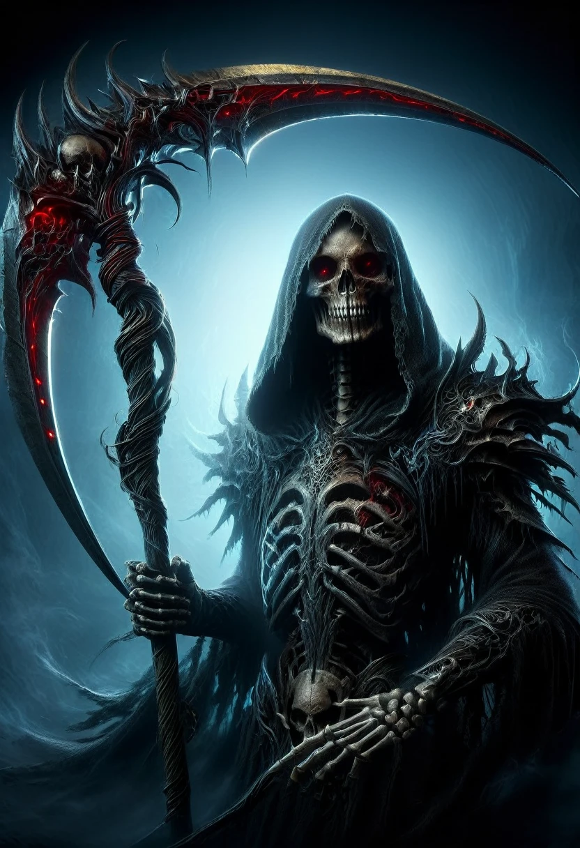 (best quality,4k,8k,highres,masterpiece:1.2),ultra-detailed,(realistic,photorealistic,photo-realistic:1.37),Black Grim Reaper,dark silhouette,cloaked figure,rustling black robes,long scythe,glowing red eyes,ominous presence,hovering darkness,dark ethereal figure,nightmarish specter,sinister aura,harbinger of death,eerie atmosphere,mysterious entity,shadows enveloping,haunting visage,menacing expression,skull-like face,otherworldly being,terrifying figure,reaping souls,glimpse of the afterlife,dreadful embodiment,ominous rituals,desolate cemetery,grim and somber,ominous moonlit night,darkened sky,thick fog,ominous whispers,lurking in shadows,eternal darkness,bone-chilling encounter,death's cold grip,intense and brooding,ominous catalyst,ominous cloak of despair,evil personified,intertwined with shadows,impending doom,abyssal realm,shivering in fear,eternal slumber. DonM5cy7h3XL, scythe, Scythe