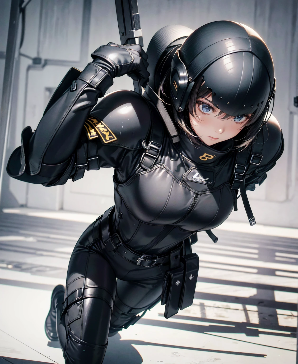 (best quality,4k,8k,highres,masterpiece:1.2),ultra-detailed,(realistic,photorealistic,photo-realistic:1.37), Japanese female fighter with slim physique and small face, cute, 1 girl, 18 years old, kneeling pose, black super short hair, glossy black tight combat suit with enamel finish, tight suit, gloves, steel city background, night lighting