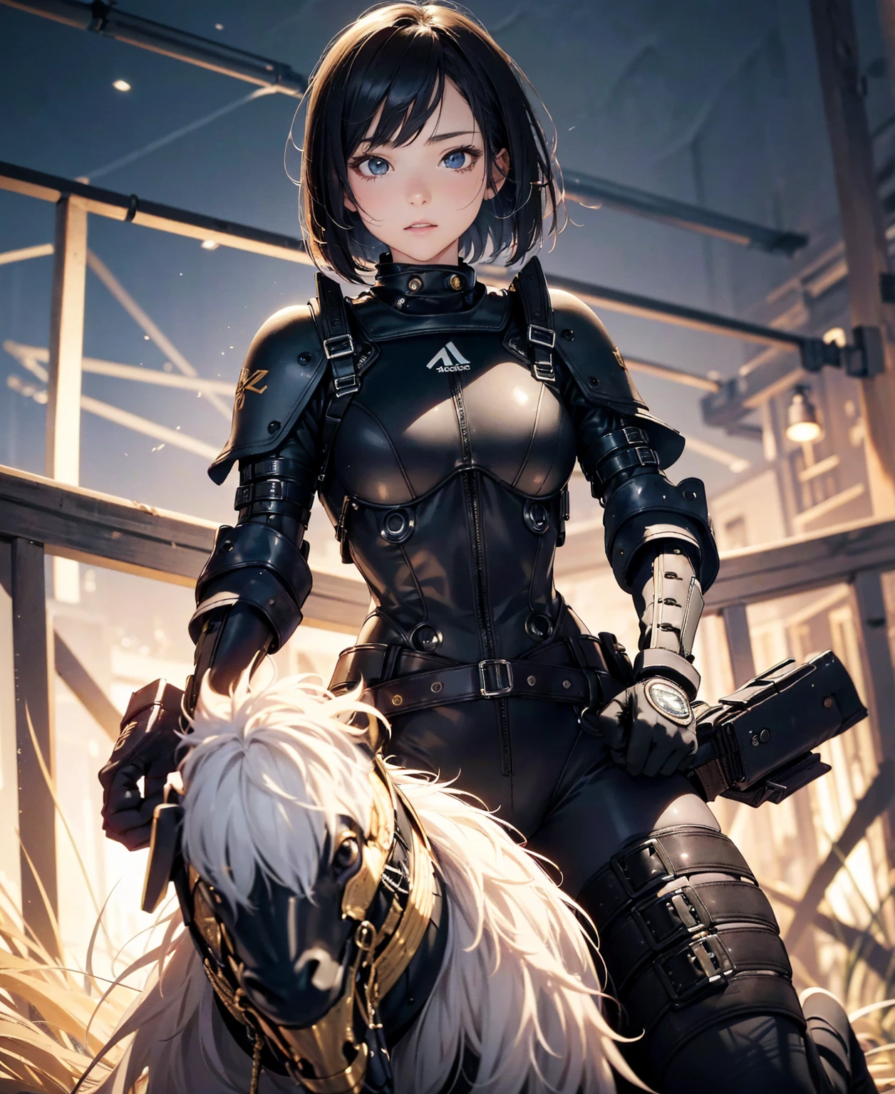 (best quality,4k,8k,highres,masterpiece:1.2),ultra-detailed,(realistic,photorealistic,photo-realistic:1.37), Japanese female fighter with slim physique and small face, cute, 1 girl, 18 years old, kneeling pose, black super short hair, glossy black tight combat suit with enamel finish, tight suit, gloves, steel city background, night lighting