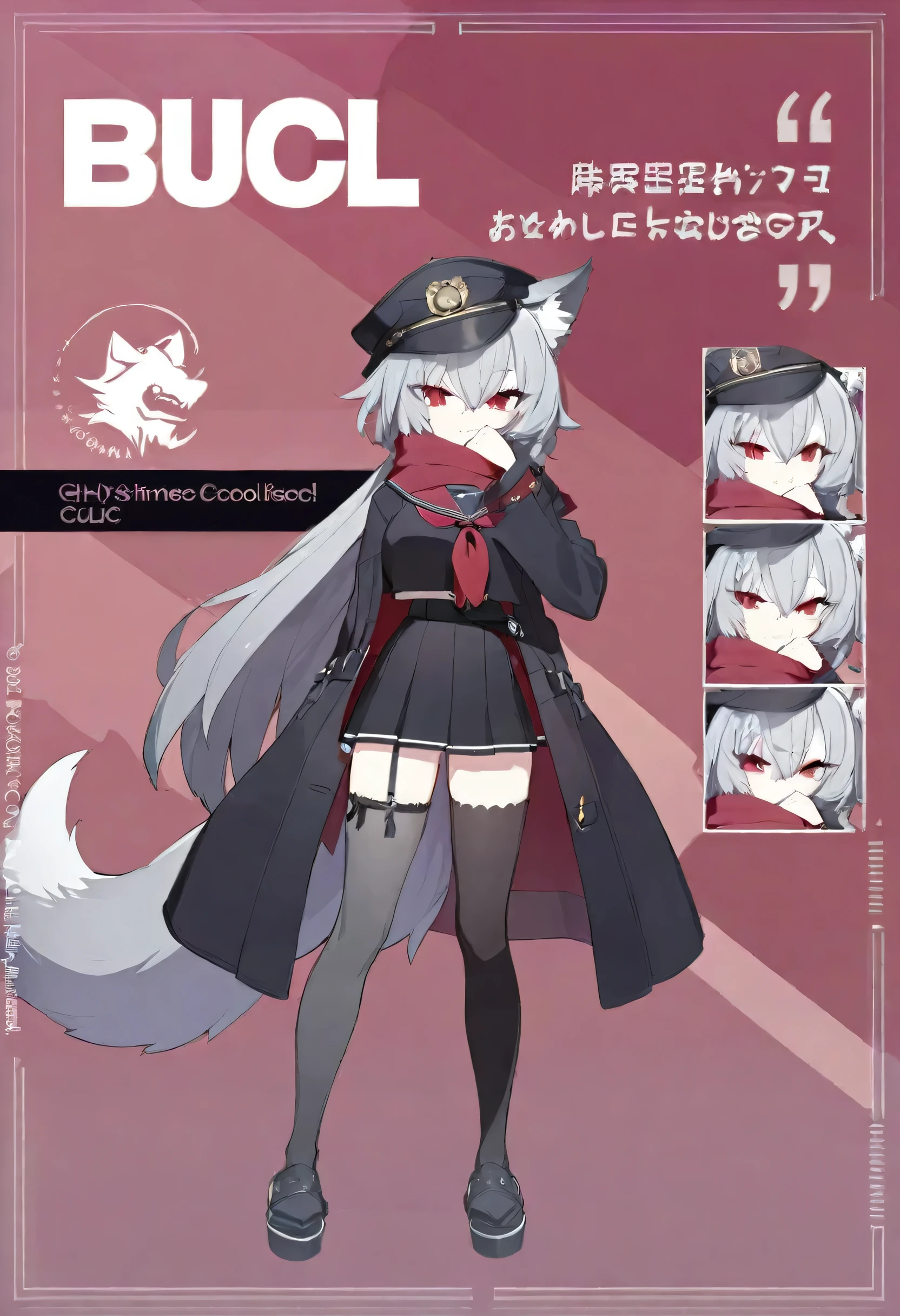One Girl,whole body,Are standing,high school student,Concept Art,Grey Hair,Black long coat over sailor suit,Wearing a coat,Black muffler,Hiding your mouth with a scarf,Red eyes,Wolf Ears,Wolf Tail,cool,dark,Beauty,Stylish black sailor suit,Rin々Funny face,18-year-old,Stylish,Height: 170cm,Bangs that extend between the eyes,Shortcuts,Long sleeves,first round,Leg Garter Ring,Belted stockings,Toned body,Medium chest,Carnal breasts,Cool eyes,Japanese style,Lateral bangs,half cut,black,Slanted Eyes,cool,peaked cap,One ear is covered by a hat,He carries a Japanese sword on his waist.,Western-style long coat,Bone ornament,Wolf Cut,Wolf Hair,Half length hair,Hairstyle like a wolf,Short Hair,