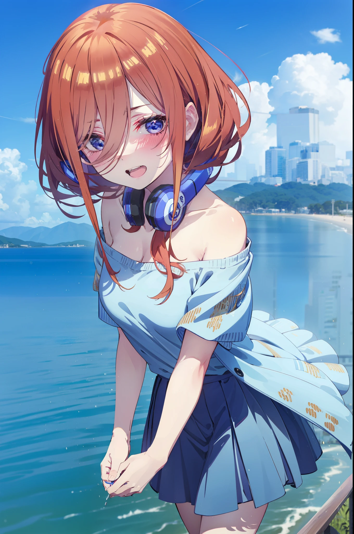 Mikunakano, Miku Nakano, Long Hair, bangs, blue eyes, Brown Hair, shirt, Hair between the eyes, Headphones around the neck,happy smile, smile, Open your mouth,Off-the-shoulder blue dress,Bare shoulders,bare clavicle,Bare neck,Bare arms,Blue long skirt,Cute heeled sandals,Real Summer,Daytime,sunny,My hair is blowing in the wind,whole bodyがイラストに入るように,Looking down from above,
break outdoors, city,海岸通り
break looking at viewer, whole body,
break (masterpiece:1.2), highest quality, High resolution, unity 8k wallpaper, (shape:0.8), (Beautiful details:1.6), Highly detailed face, Perfect lighting, Highly detailed CG, (Perfect hands, Perfect ???????),