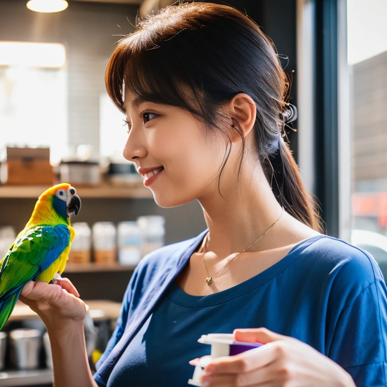 UHD, Close-up photo of a cute Korean woman, Looking straight ahead, sexy little smile,) Chest size 34 inches, ponytail, He was wearing a tight, dark blue t-shirt.,) There is a beautiful colored parrot on the shoulder.,)necklace, Making coffee in a coffee shop 8k photo, Shot with a high quality Fuji 45 camera.,000,000 pixels warm light,) realistic light colors,)
