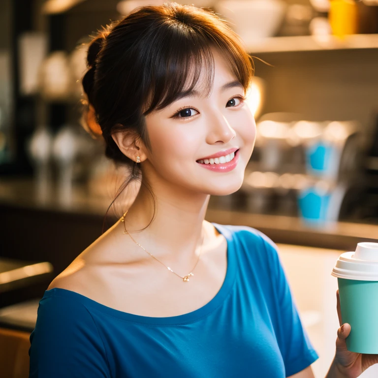 UHD, Close-up photo of a cute Korean woman, Looking straight ahead, sexy little smile,) Chest size 34 inches, ponytail, He was wearing a tight, dark blue t-shirt.,) There is a beautiful colored parrot on the shoulder.,)necklace, Making coffee in a coffee shop 8k photo, Shot with a high quality Fuji 45 camera.,000,000 pixels warm light,) realistic light colors,)