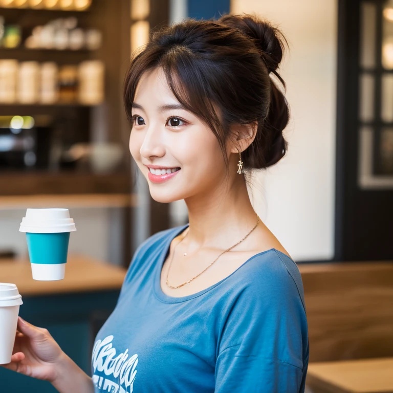 UHD, Close-up photo of a cute Korean woman, Looking straight ahead, sexy little smile,) Chest size 34 inches, ponytail, He was wearing a tight, dark blue t-shirt.,) There is a beautiful colored parrot on the shoulder.,)necklace,  Making coffee in a coffee shop 8k photo, Shot with a high quality Fuji 45 camera.,000,000 pixels warm light,) realistic light colors,) 