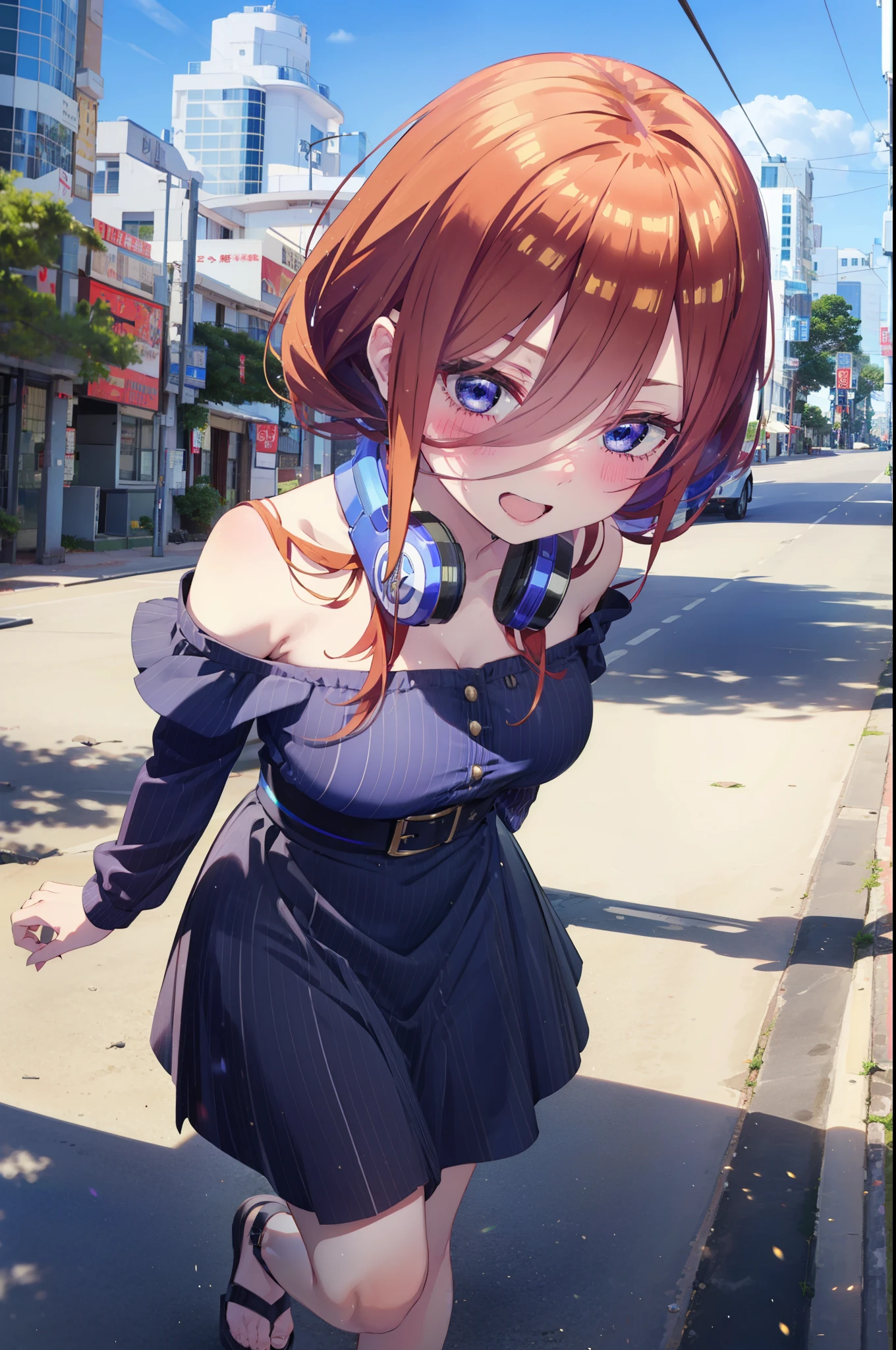 Mikunakano, Miku Nakano, Long Hair, bangs, blue eyes, Brown Hair, shirt, Hair between the eyes, Headphones around the neck,happy smile, smile, Open your mouth,Off-the-shoulder blue dress,Bare shoulders,bare clavicle,Bare neck,Bare arms,Blue long skirt,Cute heeled sandals,Real Summer,Daytime,sunny,My hair is blowing in the wind,whole bodyがイラストに入るように,Looking down from above,
break outdoors, city,海岸通り
break looking at viewer, whole body,
break (masterpiece:1.2), highest quality, High resolution, unity 8k wallpaper, (shape:0.8), (Beautiful details:1.6), Highly detailed face, Perfect lighting, Highly detailed CG, (Perfect hands, Perfect Anatomy),