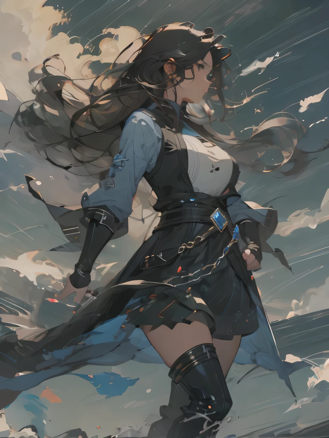 1female, female in her 30s, black fingerless gloves, long separate voile sleeves, big breasts, long over-the-knee black boots with blue elements, knee-length skirt, sleeveless shirt, belt, several chains, short coat to the waist, long hair, staff, blue elements on her clothes. cold blue and black colours. dynamic pose. character gacha splash art style. water magic.