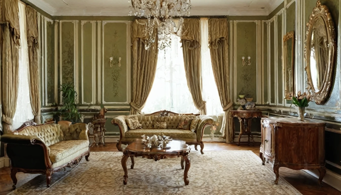 "Elegant mansion interior with vintage furniture"