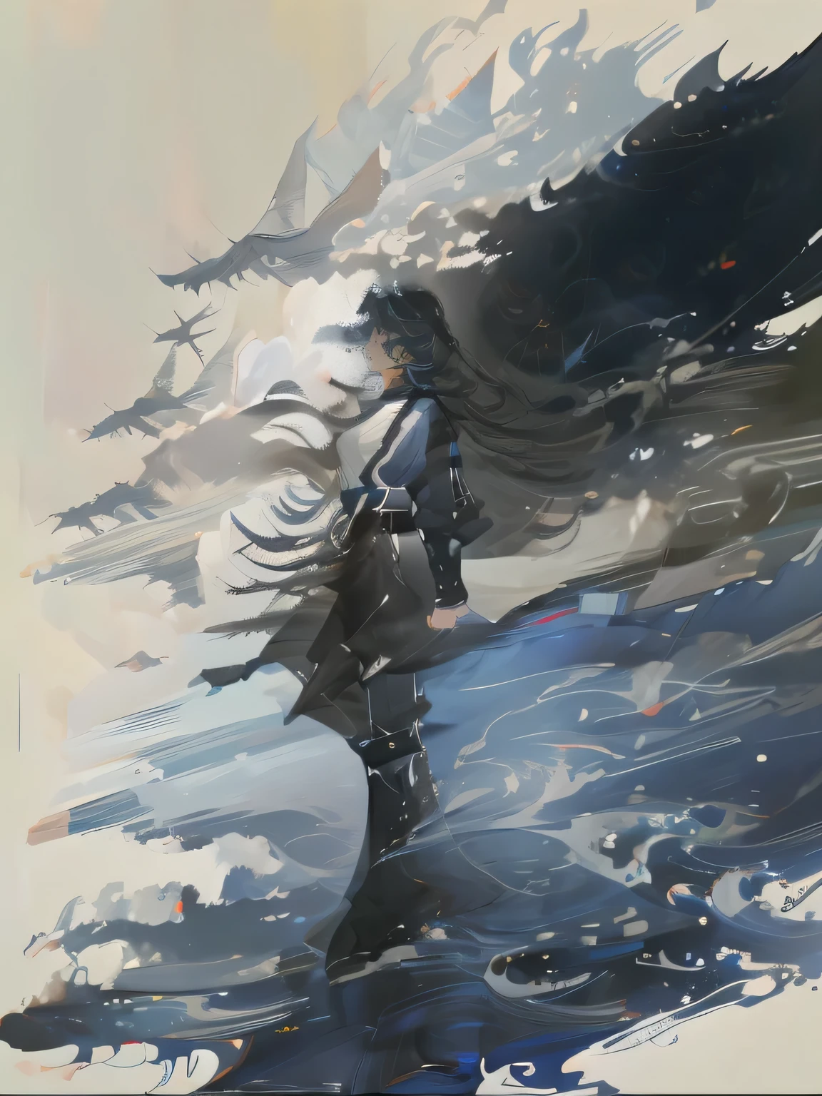 1female, female in her 30s, black fingerless gloves, long separate voile sleeves, big breasts, long over-the-knee black boots with blue elements, knee-length skirt, sleeveless shirt, belt, several chains, short coat to the waist, long hair, staff, blue elements on her clothes. cold blue and black colours. dynamic pose. character poster style. water magic.