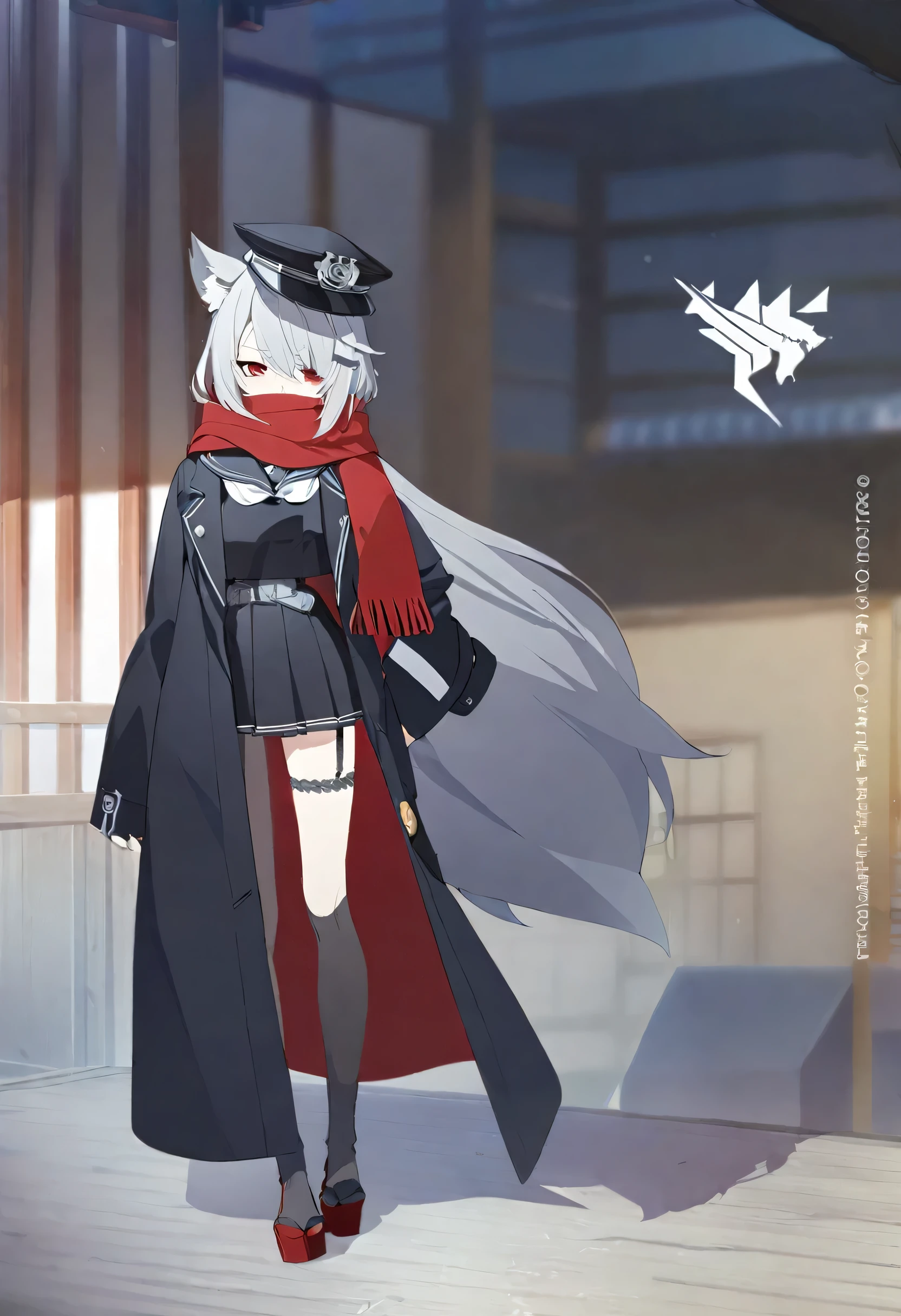 One Girl,whole body,Are standing,high school student,Concept Art,Grey Hair,Black long coat over sailor suit,Wearing a coat,Black muffler,Hiding your mouth with a scarf,Red eyes,Wolf Ears,Wolf Tail,cool,dark,Beauty,Stylish black sailor suit,Rin々Funny face,18-year-old,Stylish,Height: 170cm,Bangs that extend between the eyes,Shortcuts,Long sleeves,first round,Leg Garter Ring,Belted stockings,Toned body,Medium chest,Carnal breasts,Cool eyes,Japanese style,Lateral bangs,half cut,black,Slanted Eyes,cool,peaked cap,One ear is covered by a hat,He carries a Japanese sword on his waist.,Western-style long coat,Bone ornament,Wolf Cut,Wolf Hair,Half length hair,Hairstyle like a wolf,Short Hair,