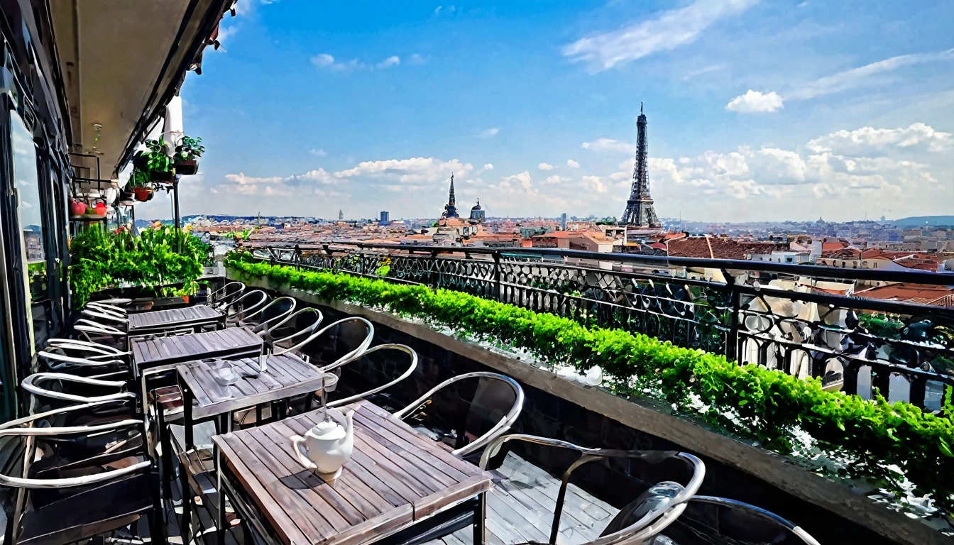 "Chic cafe terrace with a beautiful city view"
