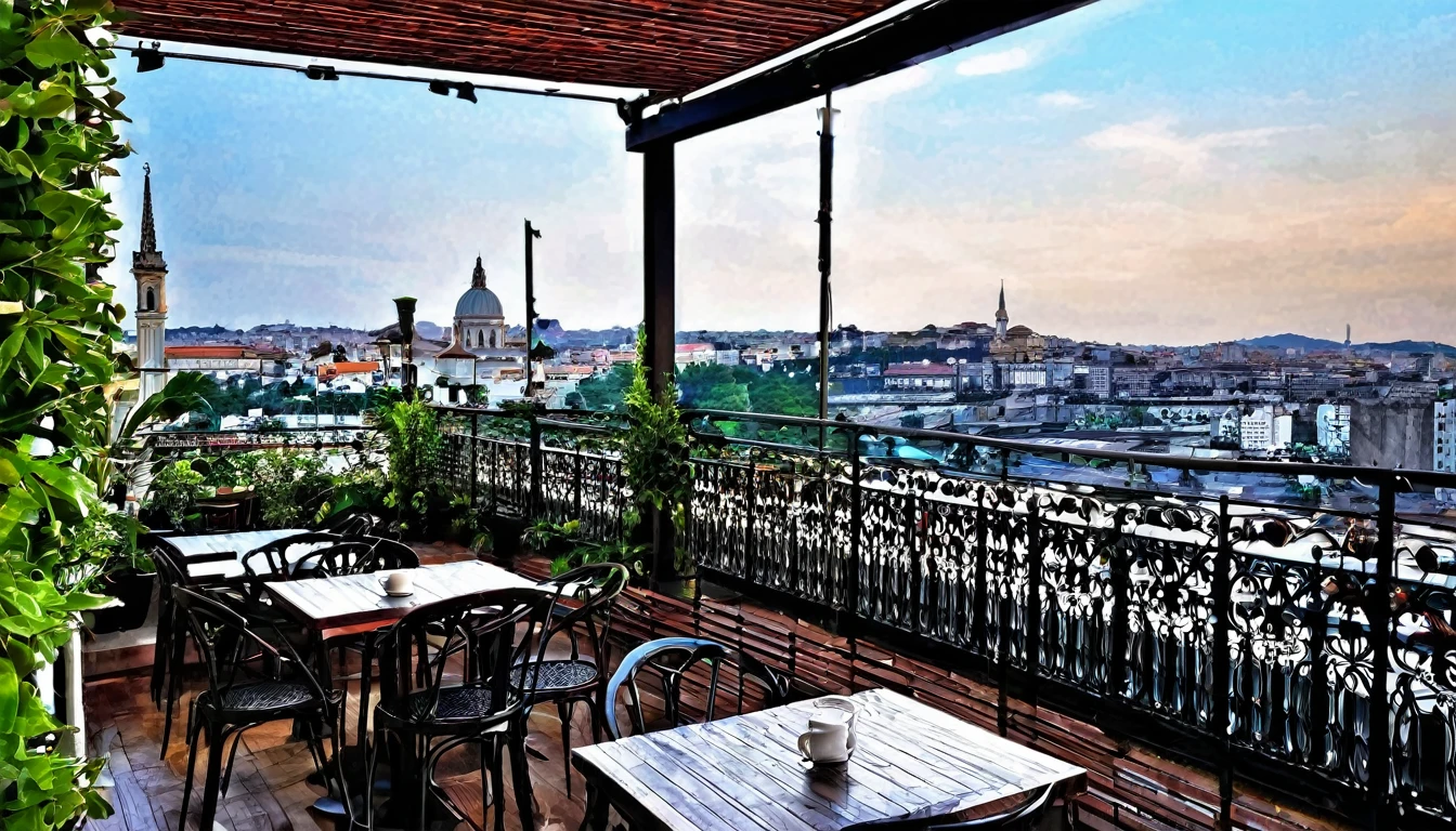 "Chic cafe terrace with a beautiful city view"