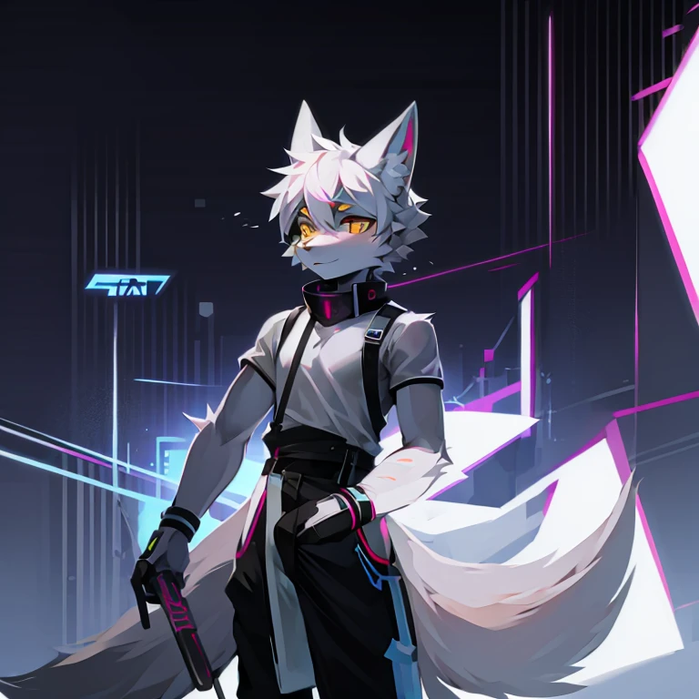 cyber punk perssonage，epcot，Tech style，solo person，White body，White ears，White hair，Overall white，Orange-yellow eyes，Wolf tail，Wolf orcs，Young，Wear a short-sleeved shirt，Ultra-clear screen，Soft lines