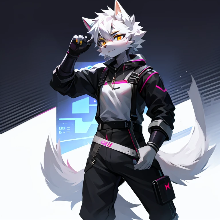 cyber punk perssonage，epcot，Tech style，solo person，White body，White ears，White hair，Overall white，Orange-yellow eyes，Wolf tail，Wolf orcs，Young，Wear a short-sleeved shirt，Ultra-clear screen，Soft lines
