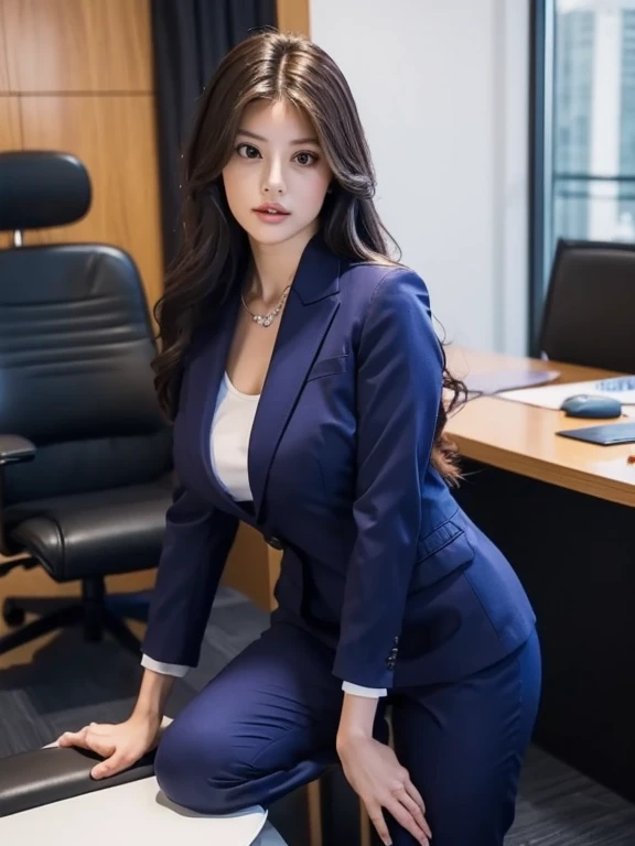 ((highest quality, 32k)), ((masterpiece)), (Familiar), Perfect Face, vixen, Pretty girl, Company Office, Has a tail, She has a northern fox tail., She stands up her fluffy tail, Dog collar, Beautiful hip line, Big Breasts, She wears a business suit, A big tail sticks out, Troubled face, Climb on all fours, Nice body
