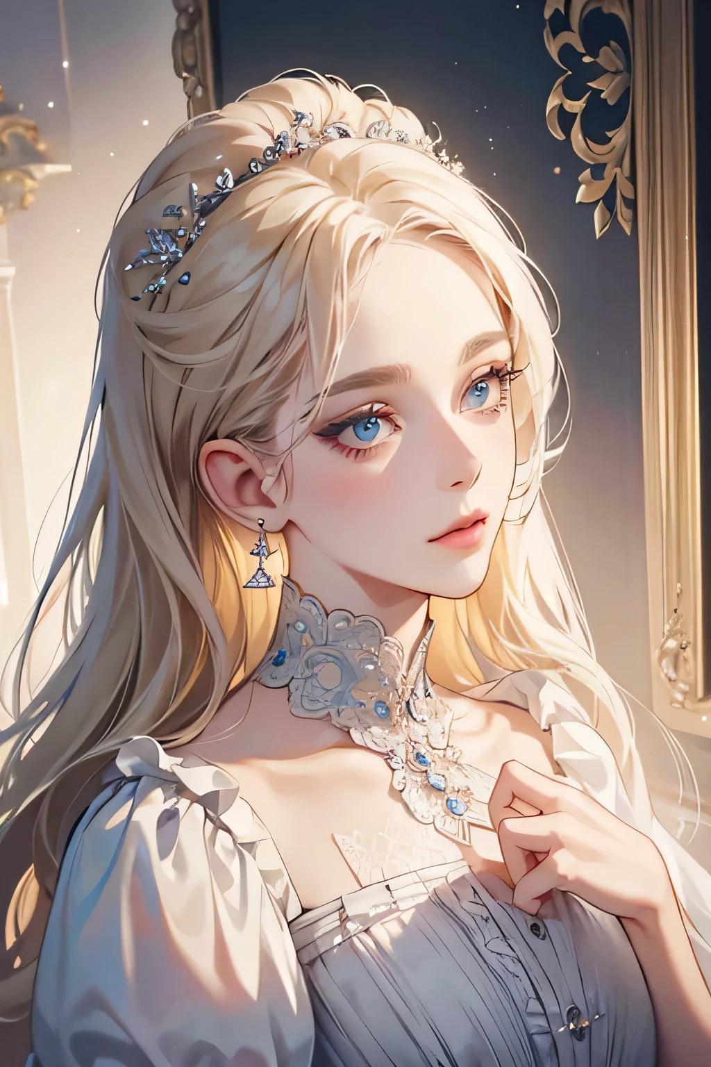 (extreamly delicate and beautiful:1.2), 8K,(masterpiece:1.0),(best_quality:1.0), 1 girl, and intricate detailing, Enlarged textures, and intricate detailing, finely eye and detailed face, and intricate detailing, shiraga, platinum blonde curls long hair, (closed mouths), Perfect eyes, Equal eyes, carolina eyes (A famale god) with dress of game nikki dress up , carolina eyes perfect, perfect, earing, perfect body, carolina blue perfect eyes, lips nude, half body, look at camera