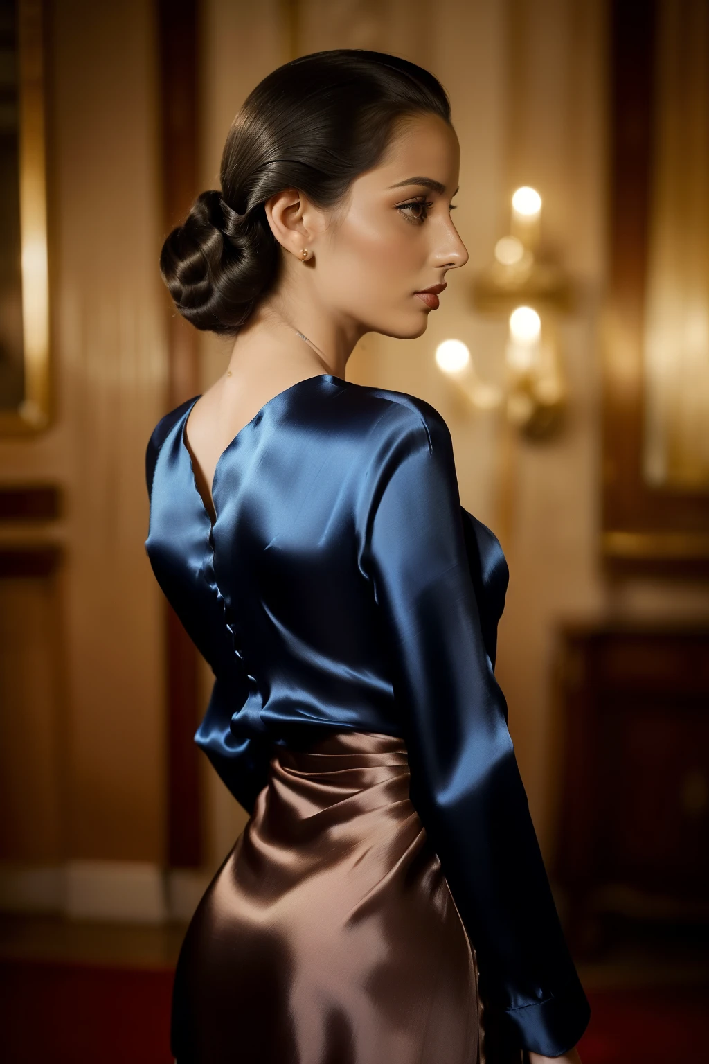 Madrid, 1940. portrait of A young ((((29-year-old)) Sira Quiroga)), beautiful, skinny, in a party, looking away, ((((elegant silk clothings from the 1940s)))), ((hairstyle of the 1940s)), ((colorful))