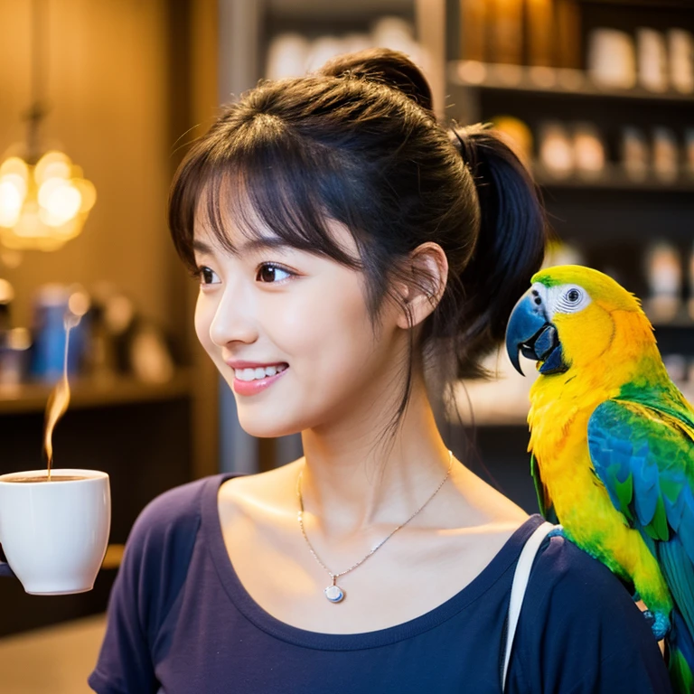 UHD, Close-up photo of a cute Korean woman, Looking straight ahead, sexy little smile,) Chest size 34 inches, ponytail, He was wearing a tight, dark blue t-shirt.,) There is a beautiful colored parrot on the shoulder.,) necklace, Brewing coffee,) In the coffee shop 8k photos, Shot with a high quality Fuji 45 camera.,000,000 pixels warm light,) realistic light colors,)