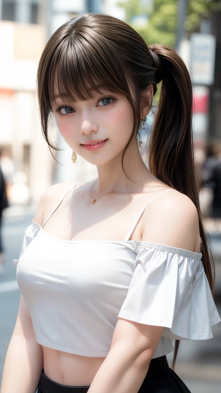 highest quality、Natural Lip、Fair skin、Great light、Beautiful lighting、((Straight hair))、((Ponytail Hair))、((Black Hair))、Blunt bangs、Off the shoulder、Cleavage、White crop top、mini skirt、Gorgeous Accessories、Harajuku、smile、かわいいsmile、Crowds in the city