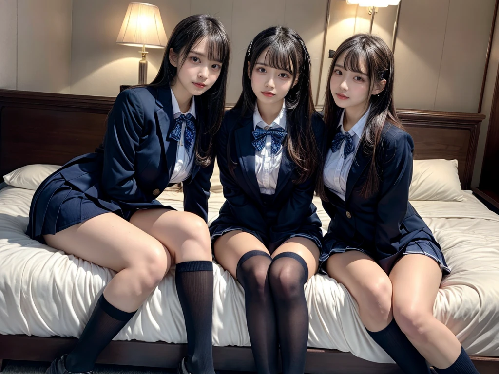 muster piece, best quality, illustration, Super detailed, fine details, High resolution, 8K,wall paper, perfect dynamic composition,(Details High quality, realistic depiction of eyes:1.3), ((2 girls, 2 schoolgirls)), The background is a luxury hotel room、High school girl uniform、blazer 、Super Short Check Uniform Skirt、Navy blue high socks、garterbelts、Colossal tits、Disturbed uniform, Play with each other,Touching each other's bodies,Touching the body of the girl next door, short bob hair, black hair color, huge breasts, Big Natural Color Lip, bold sexy pose, (perfect body shape), crying a little、cold gaze,  Harajuku style、20 year old girl、 beautiful legs, hposing Gravure Idol, Voluptuous thighs