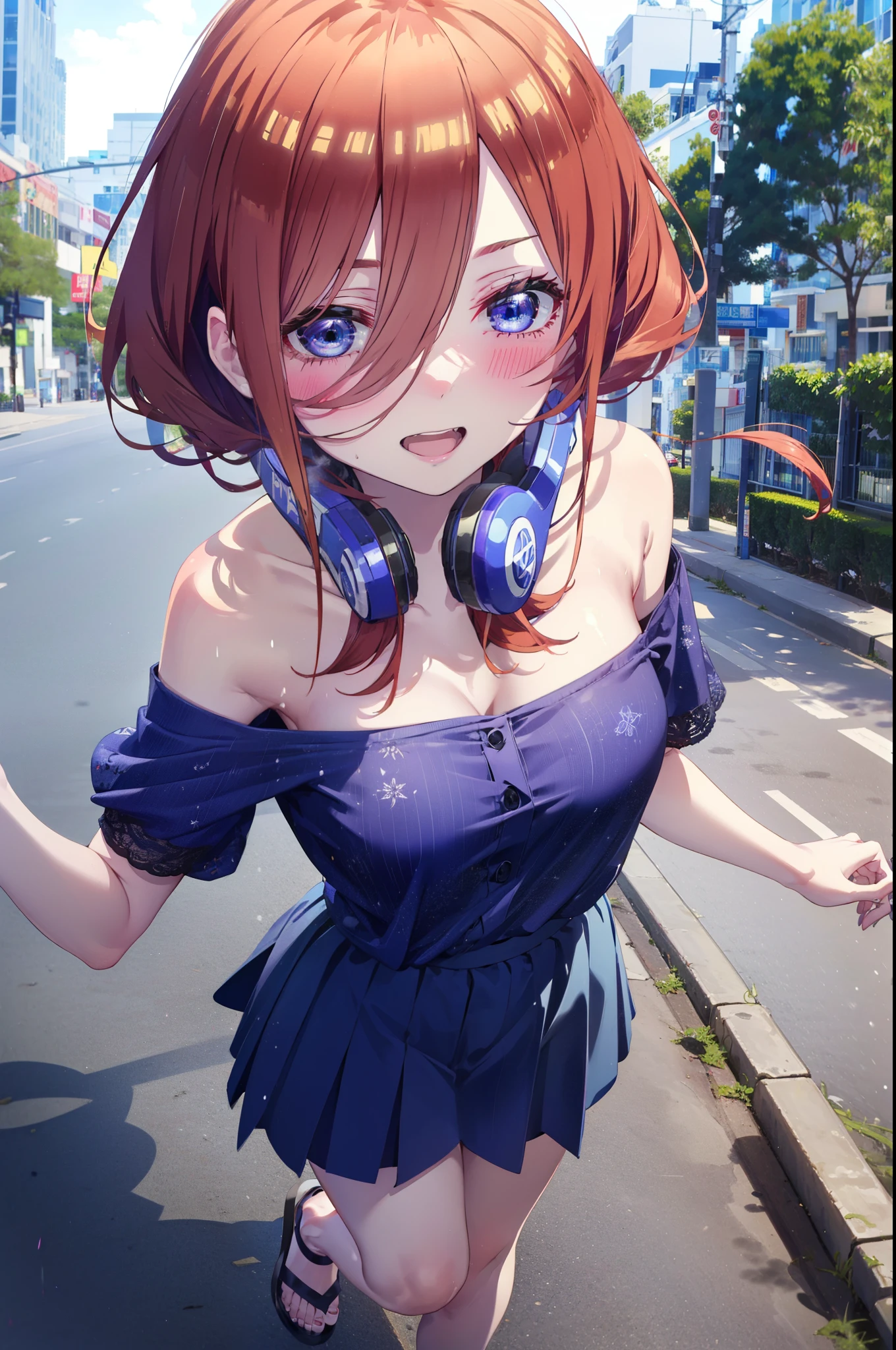 Mikunakano, Miku Nakano, Long Hair, bangs, blue eyes, Brown Hair, shirt, Hair between the eyes, Headphones around the neck,happy smile, smile, Open your mouth,Off-the-shoulder blue dress,Bare shoulders,bare clavicle,Bare neck,Bare arms,Blue long skirt,Cute heeled sandals,Real Summer,Daytime,sunny,My hair is blowing in the wind,whole bodyがイラストに入るように,Looking down from above,
break outdoors, city,海岸通り
break looking at viewer, whole body,
break (masterpiece:1.2), highest quality, High resolution, unity 8k wallpaper, (shape:0.8), (Beautiful details:1.6), Highly detailed face, Perfect lighting, Highly detailed CG, (Perfect hands, Perfect Anatomy),