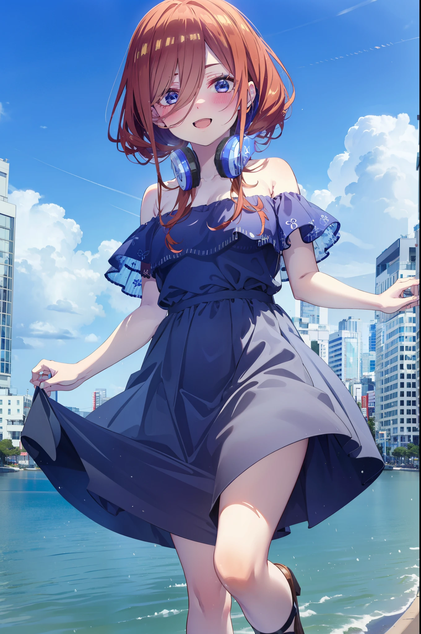 Mikunakano, Miku Nakano, Long Hair, bangs, blue eyes, Brown Hair, shirt, Hair between the eyes, Headphones around the neck,happy smile, smile, Open your mouth,Off-the-shoulder blue dress,Bare shoulders,bare clavicle,Bare neck,Bare arms,Blue long skirt,Cute heeled sandals,Real Summer,Daytime,sunny,My hair is blowing in the wind,whole bodyがイラストに入るように,Looking down from above,
break outdoors, city,海岸通り
break looking at viewer, whole body,
break (masterpiece:1.2), highest quality, High resolution, unity 8k wallpaper, (shape:0.8), (Beautiful details:1.6), Highly detailed face, Perfect lighting, Highly detailed CG, (Perfect hands, Perfect Anatomy),