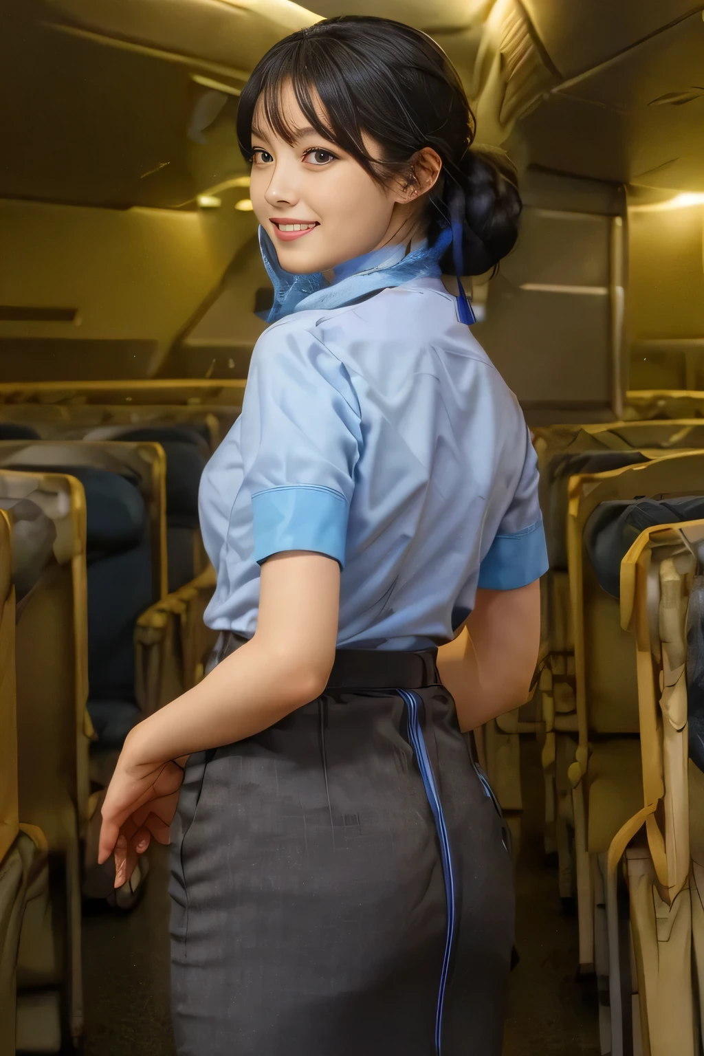 （ANA cabincrew uniform）、（Short sleeve light blue blouse）、（Scarf around the neck）、（Long hair updo、Chignon）、２５Old Japanese woman、smile