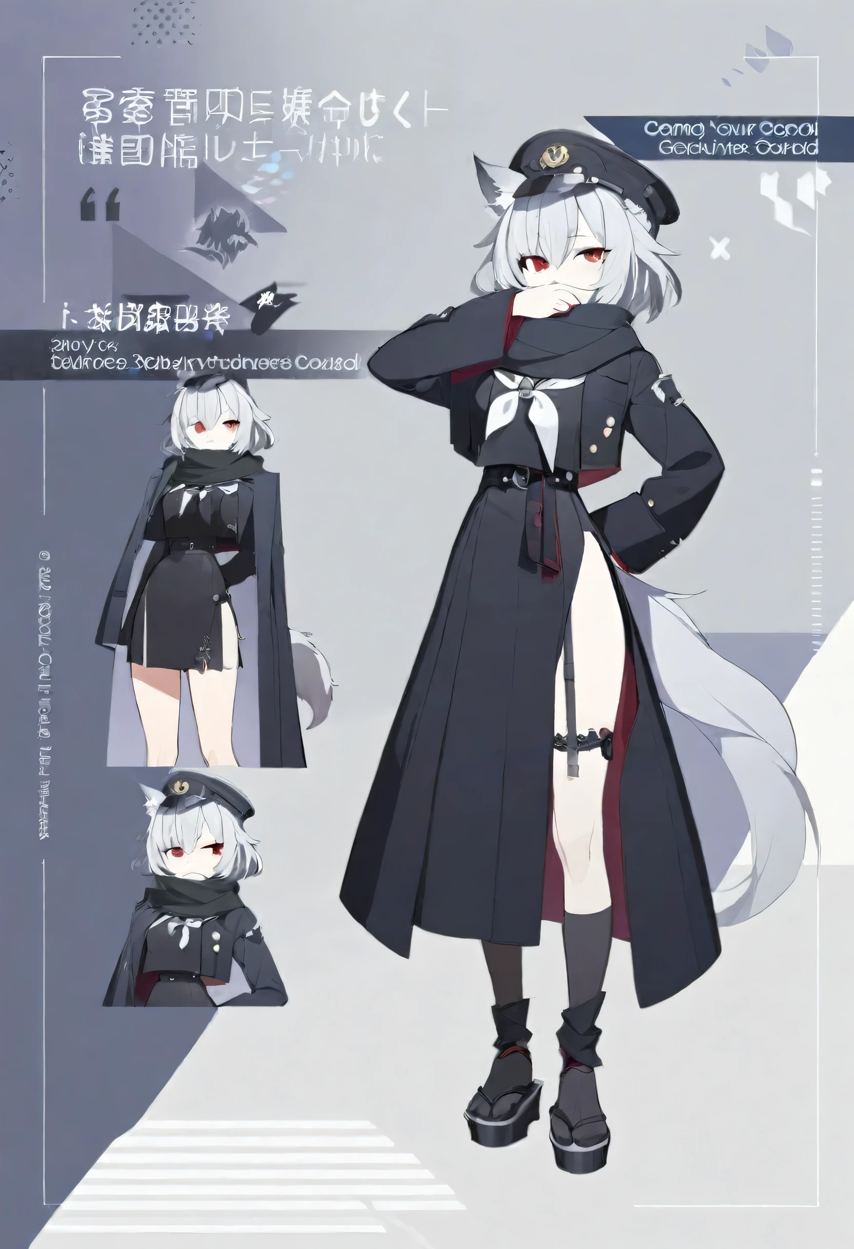 One Girl,whole body,Are standing,high school student,Concept Art,Grey Hair,Black long coat over sailor suit,Wearing a coat,Black muffler,Hiding your mouth with a scarf,Red eyes,Wolf Ears,Wolf Tail,cool,dark,Beauty,Stylish black sailor suit,Rin々Funny face,18-year-old,Stylish,Height: 170cm,Bangs that extend between the eyes,Shortcuts,Long sleeves,first round,Leg Garter Ring,Belted stockings,Toned body,Medium chest,Carnal breasts,Cool eyes,Japanese style,Lateral bangs,half cut,black,Slanted Eyes,cool,peaked cap,One ear is covered by a hat,He carries a Japanese sword on his waist.,Western-style long coat,Bone ornament,Wolf Cut,Wolf Hair,Half length hair,Hairstyle like a wolf,Short Hair,